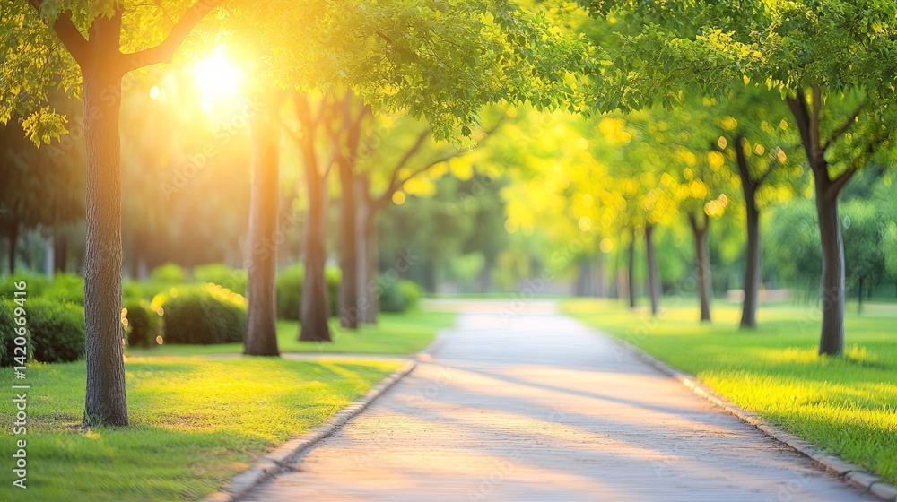 Fototapeta premium Sunlit garden trees with soft bokeh, a serene escape into nature's warmth.