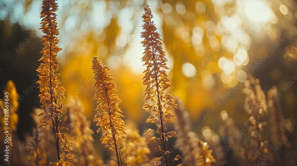 Naklejka premium Sunlit garden trees with soft bokeh, a serene escape into nature's warmth.