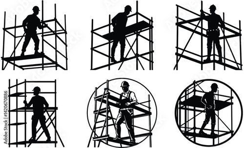 Construction worker on scaffolding silhouette black vector art set design
