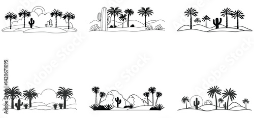 Desert landscape with cactus date trees silhouette line art hand drawn vector design set