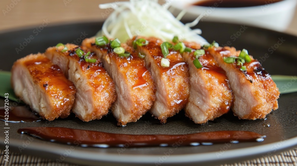 Tonkatsu sliced into perfect bite-sized pieces, sauce drizzled artistically Tonkatsu sliced into perfect bite-sized pieces, sauce drizzled artistically