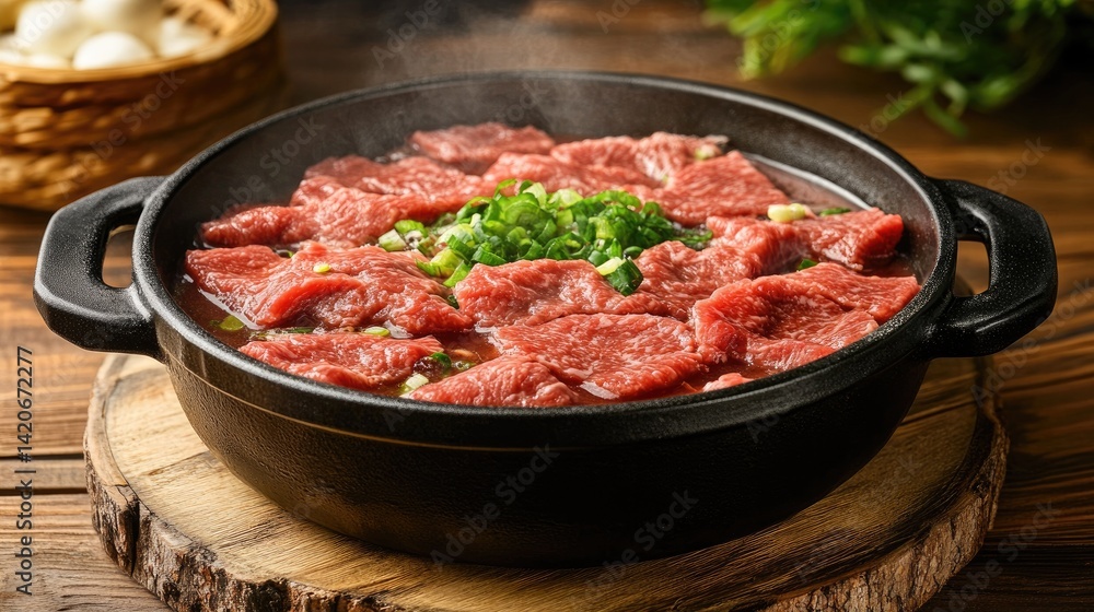 Traditional sukiyaki pot on a wooden table with steam rising Traditional sukiyaki pot on a wooden table with steam rising