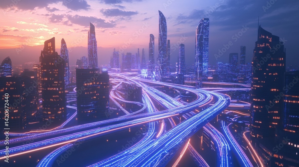 Obraz premium A futuristic cityscape with illuminated buildings and highways at dusk