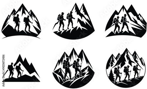 Men travelling on a mountain silhouette black vector art set design