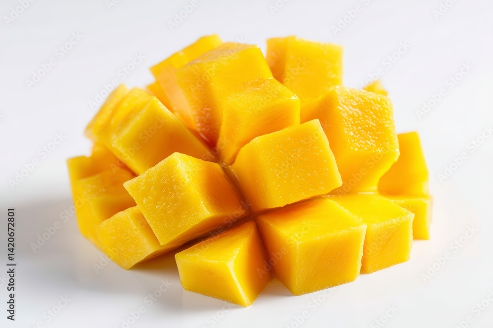 High quality photo of fresh mango cubes, isolated on white background, ideal for healthy eating or vegan diet concepts. High quality photo of fresh mango cubes, isolated on white background, ideal for healthy eating or vegan diet concepts.
