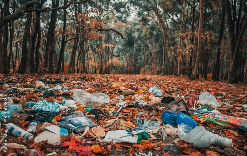 Obraz premium A forest with garbage and plastics scattered on the ground