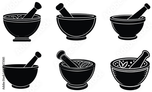 Mortar and pestle silhouette black vector art design on white background