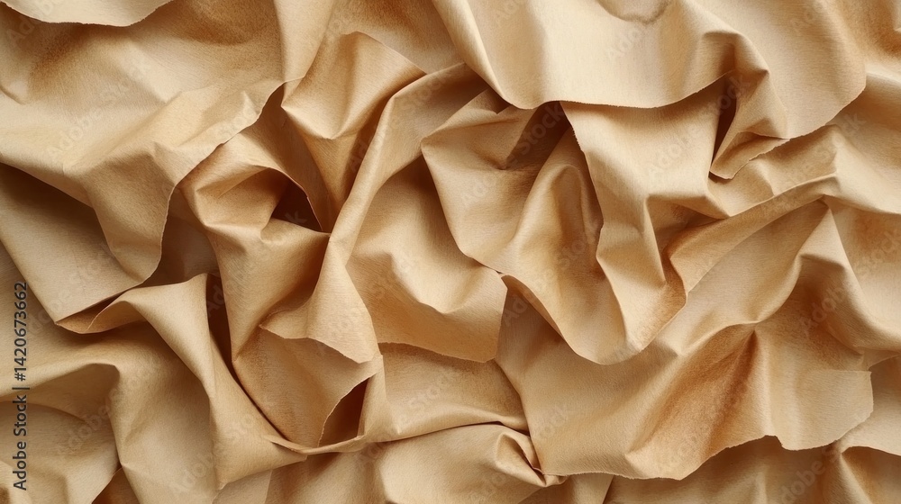 Beige fabric drapes in a textured, rumpled pattern. Beige fabric drapes in a textured, rumpled pattern.