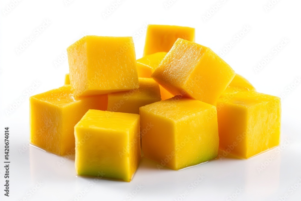 High quality studio photo of fresh mango cut into cubes, isolated on white, showcasing vibrant color and juicy texture. High quality studio photo of fresh mango cut into cubes, isolated on white, showcasing vibrant color and juicy texture.