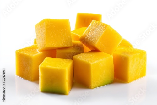 High quality studio photo of fresh mango cut into cubes, isolated on white, showcasing vibrant color and juicy texture.