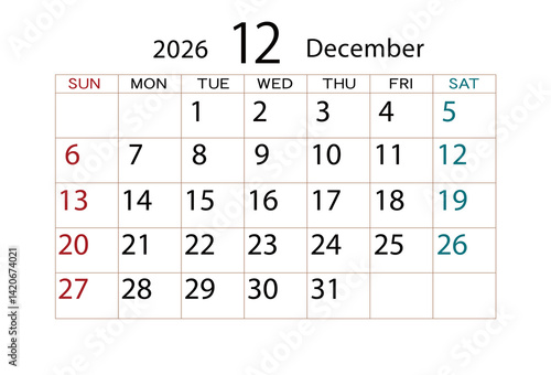2026年カレンダー12月(2)