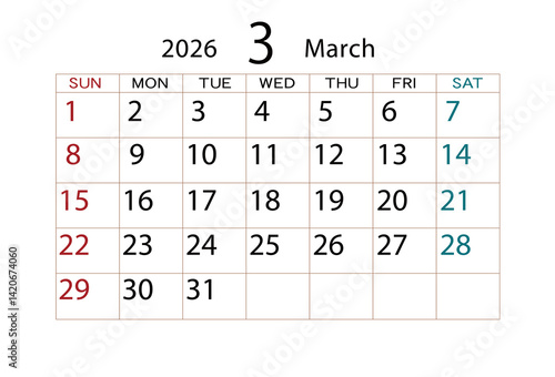 2026年カレンダー3月(2)