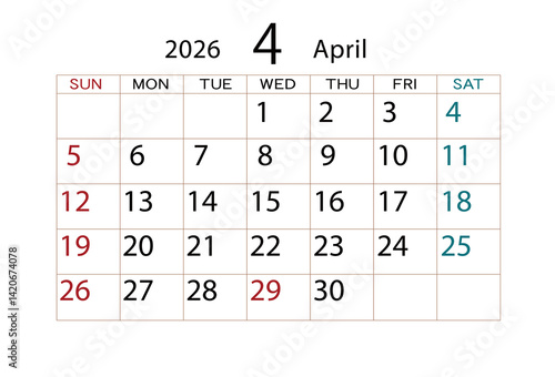 2026年カレンダー4月(2)