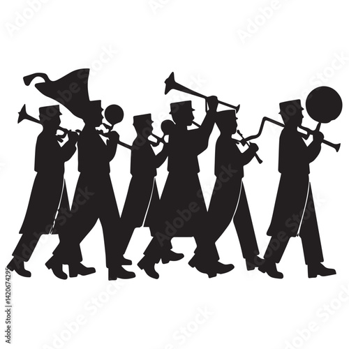 Marching band parade flat style cartoon Silhouettes premium vector template White Background.