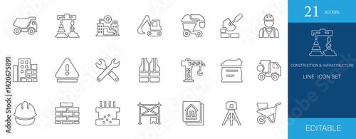 A clean and professional 21 Construction and Infrastructure Line Icons set, perfect for industry, architecture, tools, builders, and development projects. Fully editable and easy to use