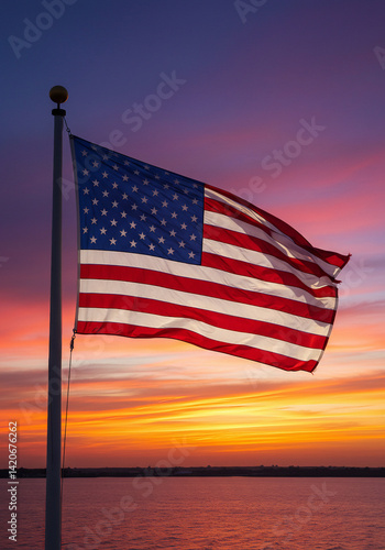 American flag with sunset background. USA national holiday concept