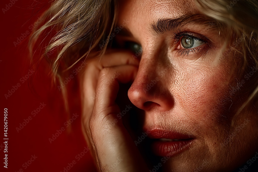 Reflective portrait of a woman with a thoughtful demeanor, hand subtly over half her face on a pure red background Reflective portrait of a woman with a thoughtful demeanor, hand subtly over half her face on a pure red background