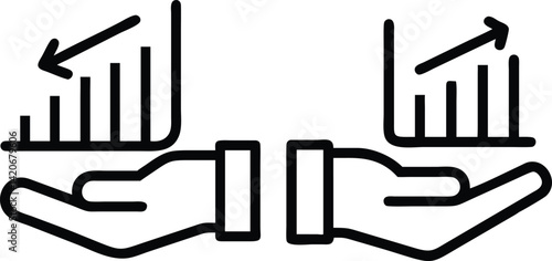 Outlined icon of hands holding bar charts representing financial growth and decline with up and down arrows in vector style