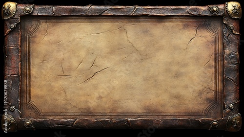 Aged parchment map, leather-bound frame