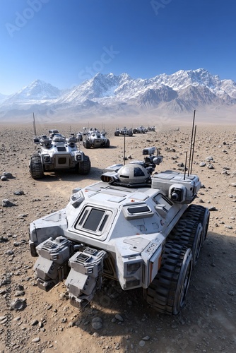 Obraz na płótnie Futuristic Exploration Vehicles on Alien Landscape with Mountains and Clear Blue Sky w salonie