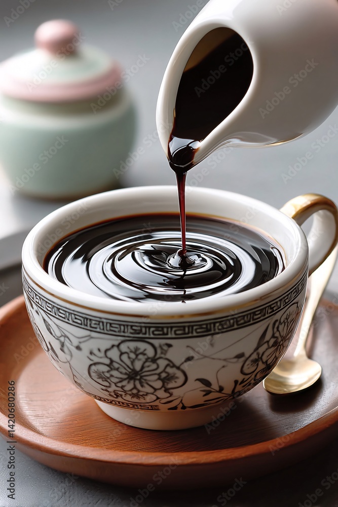 Pouring Hot Coffee into Elegant Cup with Saucer on Table, Calm Morning Atmosphere