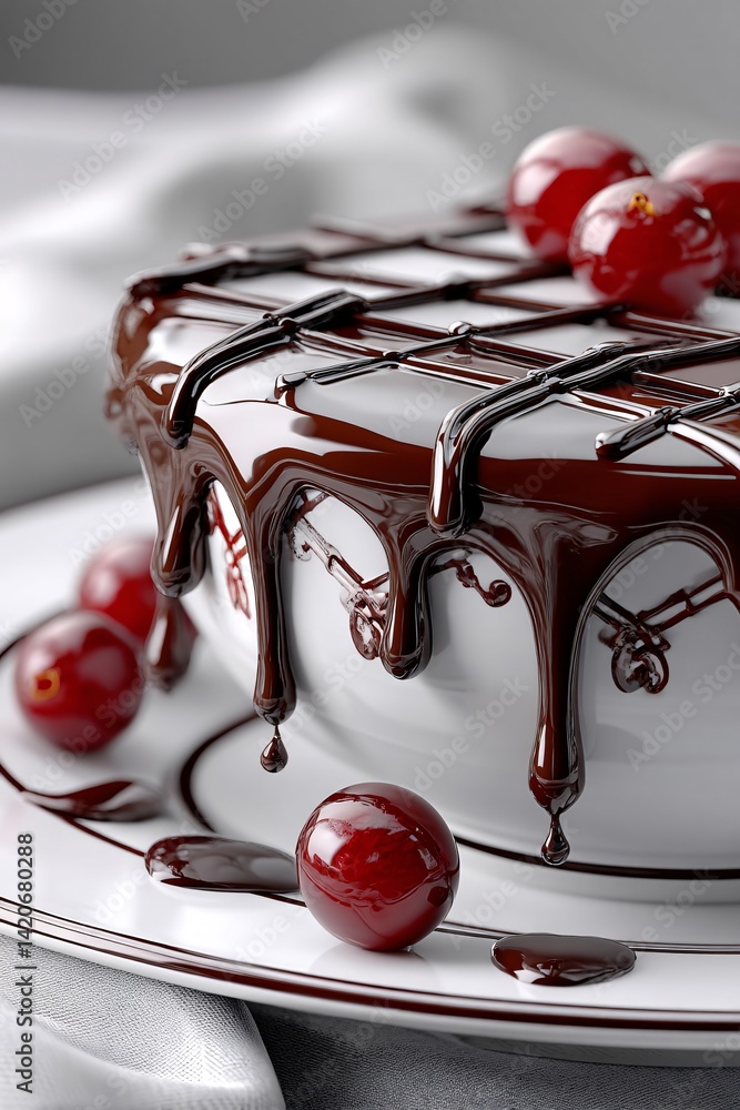 Decadent Chocolate Cake With Glossy Ganache and Fresh Red Berries on Elegant Plate