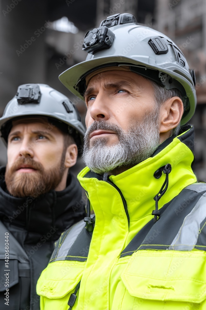 Construction Workers in Safety Gear Focused on Project Progress at Industrial Site