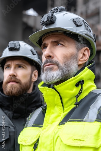 Obraz na płótnie Construction Workers in Safety Gear Focused on Project Progress at Industrial Site w salonie