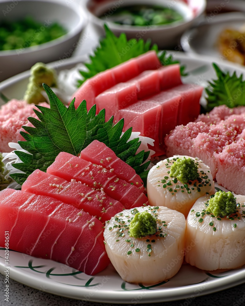 Fresh Assorted Sushi Platter with Sashimi, Wasabi, and Garnish on Traditional Japanese Plate