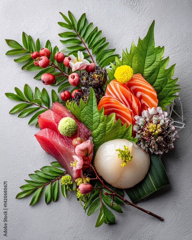 Exquisite Japanese Sushi Platter Arrangement with Fresh Fish, Vegetables, and Green Leaves
