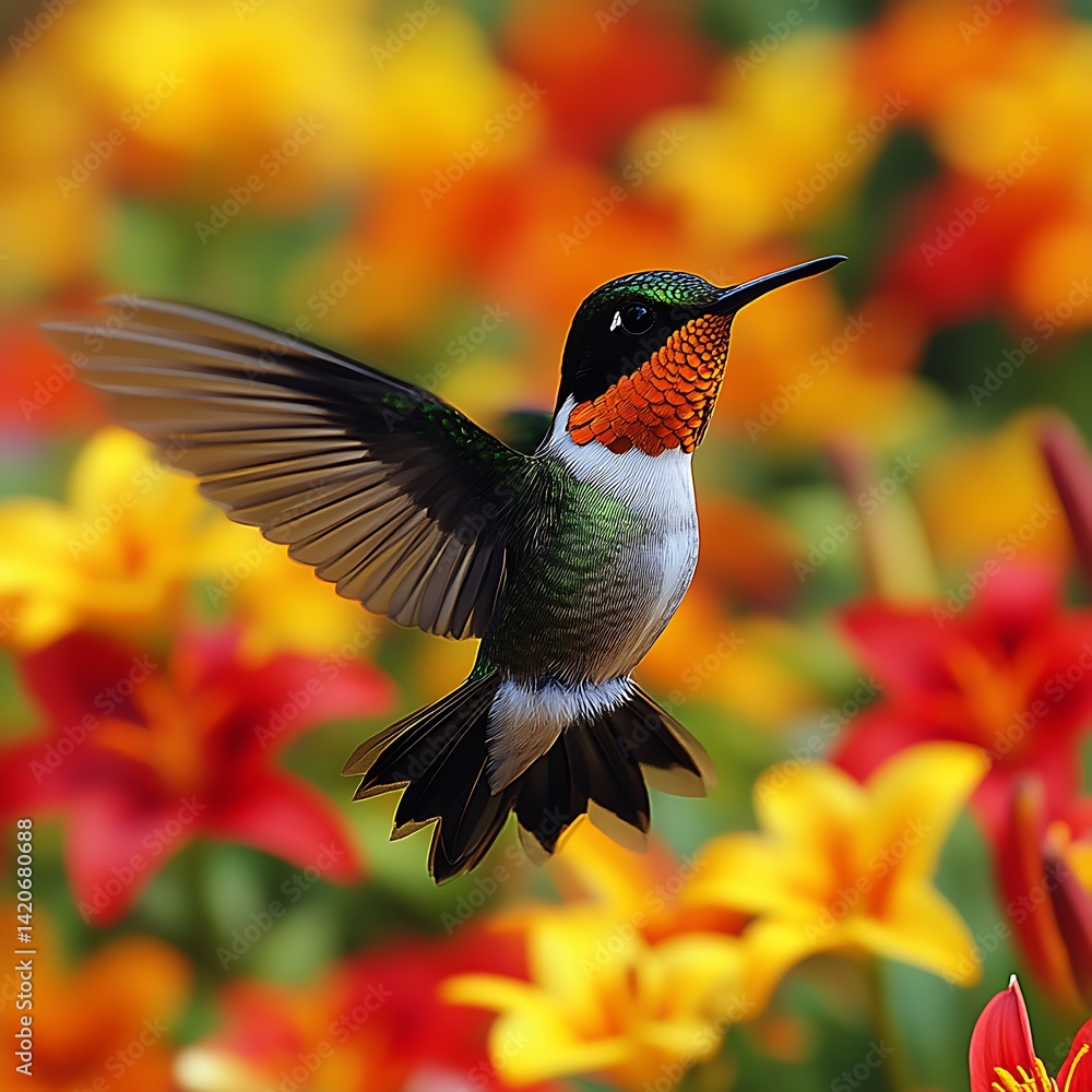 Fototapeta premium A hummingbird in flight amidst vibrant flowers
