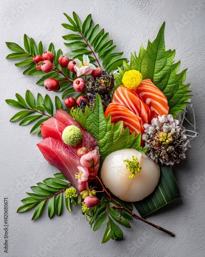 Obraz na płótnie Exquisite Japanese Sushi Platter Arrangement with Fresh Fish, Vegetables, and Green Leaves w salonie