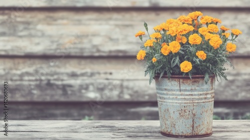 Rustic rustic-style flower arrangement in a weathered tin bucket.