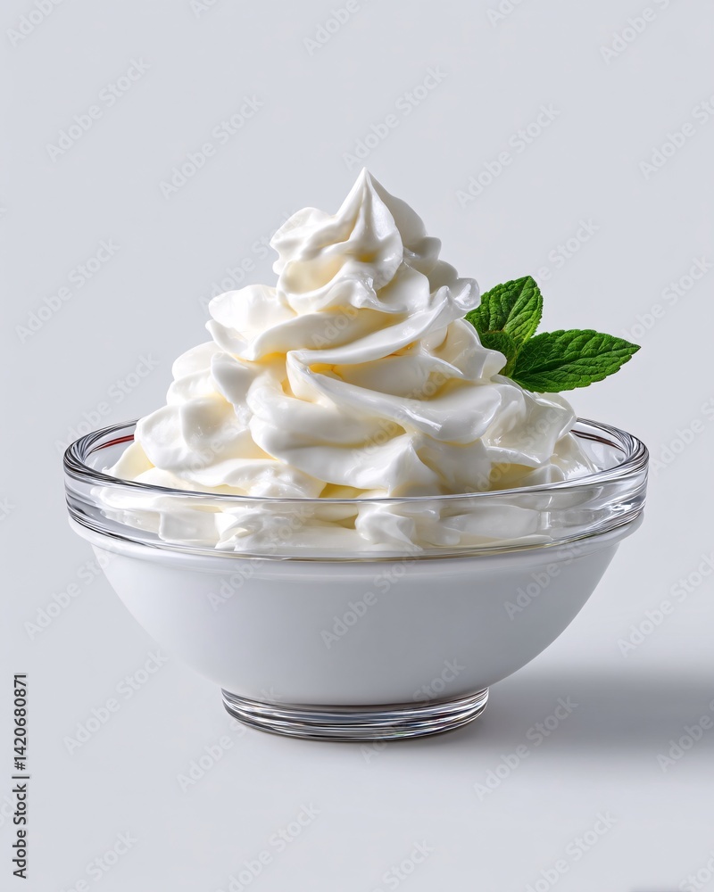 Creamy Whipped Topping on a Glass Bowl with Fresh Mint Leaf for Dessert Decoration