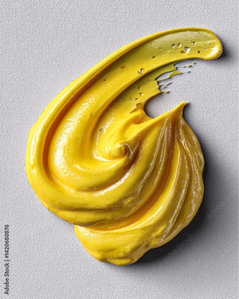 Vibrant Yellow Mustard Swirl on Smooth Gray Surface Showcasing Texture and Color Contrast