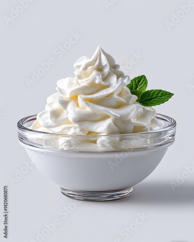 Obraz na płótnie Creamy Whipped Topping on a Glass Bowl with Fresh Mint Leaf for Dessert Decoration w salonie