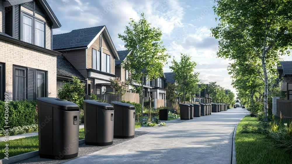 Modern waste bins line a residential street Modern waste bins line a residential street