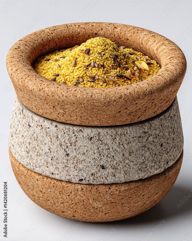 Organic Grain in Textured Bowl with Assorted Spices and Natural Colors on a Simple Background
