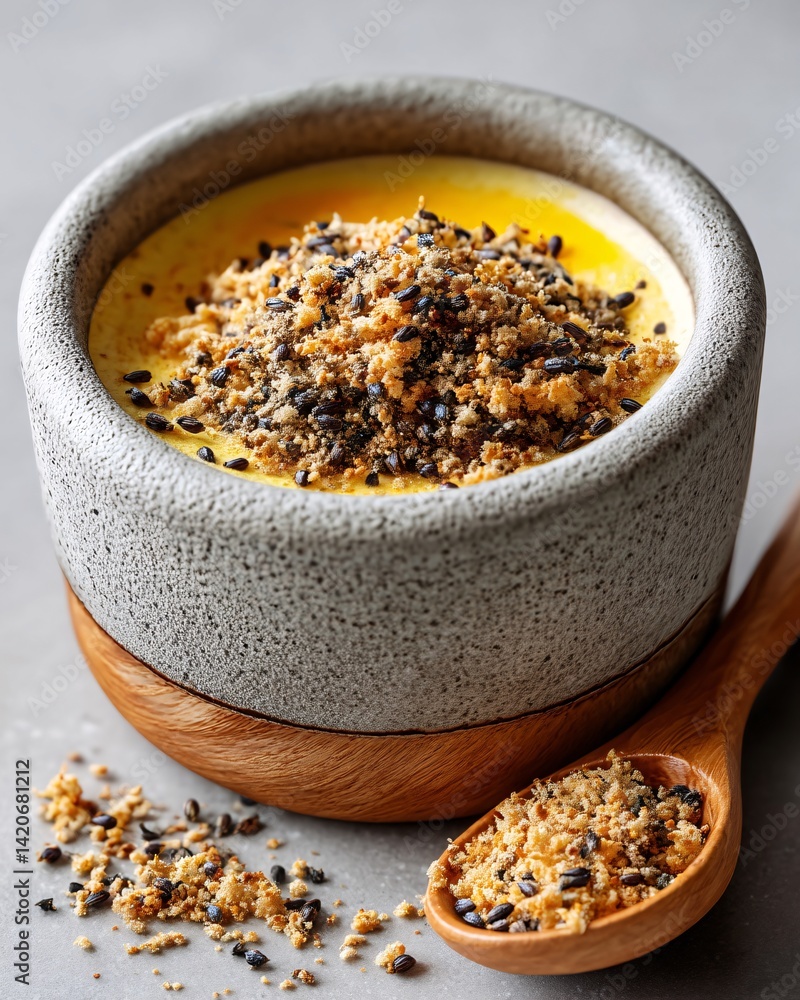 Creamy dessert in stoneware bowl topped with crunchy texture and black seeds on a wooden spoon