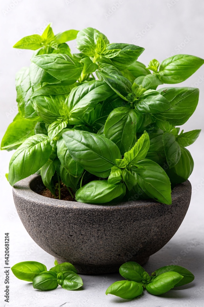 Fresh Green Basil Leaves in a Stone Pot on a Light Background for Culinary and Decor Uses