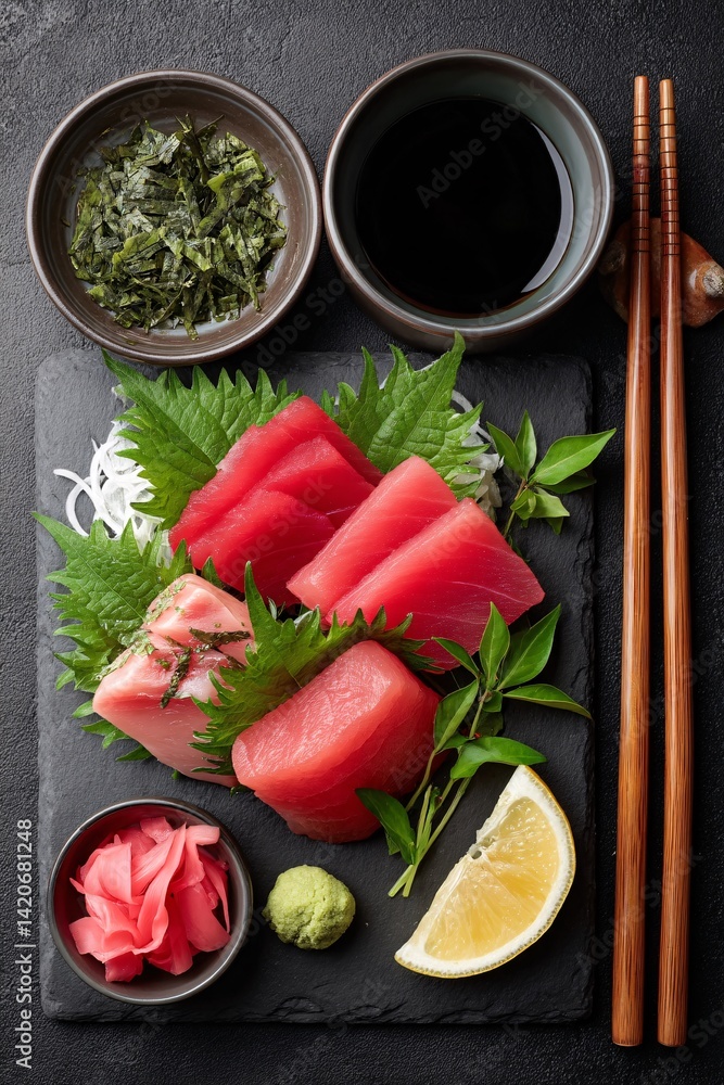 Fresh Sushi Platter with Wasabi, Pickled Ginger, Seaweed, and Soy Sauce on Slate Background