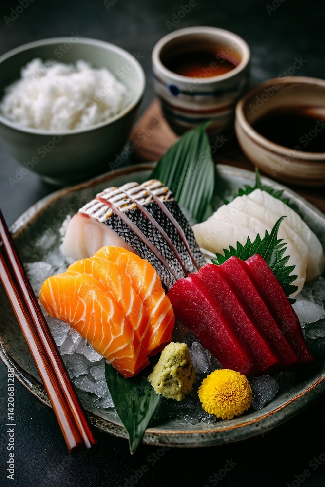 Fresh and Colorful Sushi Platter with Assorted Fish and Condiments Served on Ice