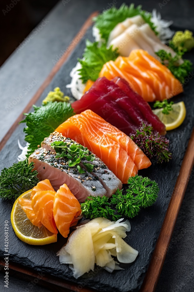 Freshly Prepared Sushi Platter with Assorted Fish and Garnishes on Slate Serving Board