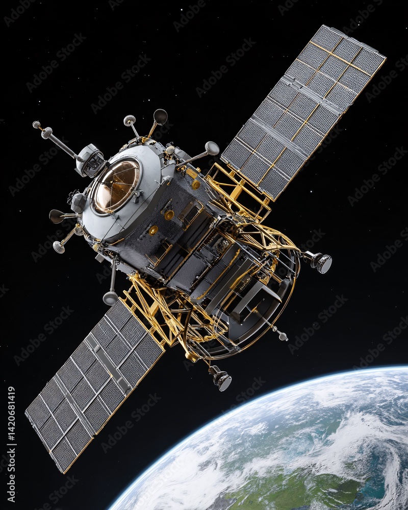 Satellite in Orbit Above Earth with Solar Panels and Scientific Instruments Visible