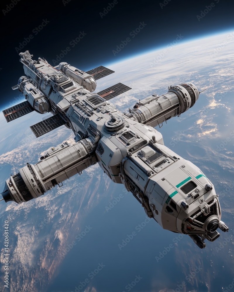Futuristic spacecraft orbiting Earth with detailed structure and advanced technology features