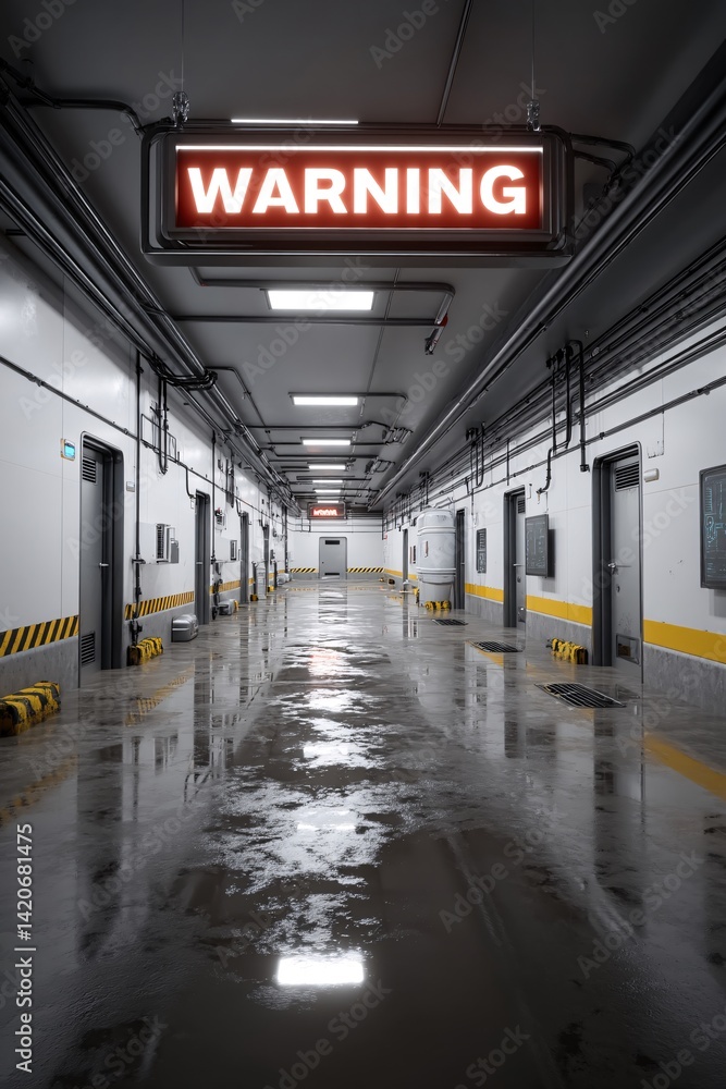 Warning Sign in Modern Industrial Corridor with Reflections and Bright Lighting Effects