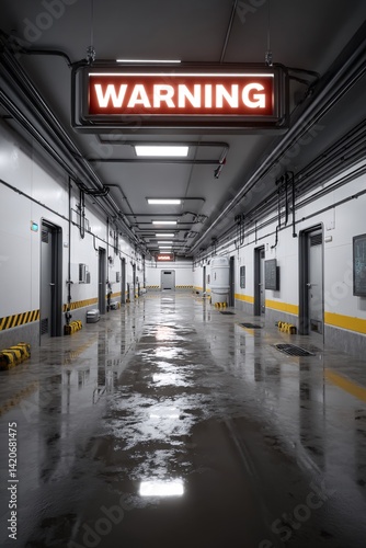 Obraz na płótnie Warning Sign in Modern Industrial Corridor with Reflections and Bright Lighting Effects w salonie