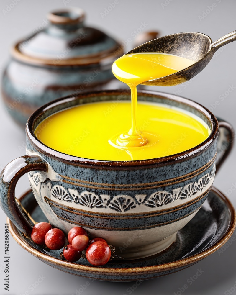 Delicious and Vibrant Yellow Soup with Spoon in Rustic Bowl and Colorful Berries on Saucer