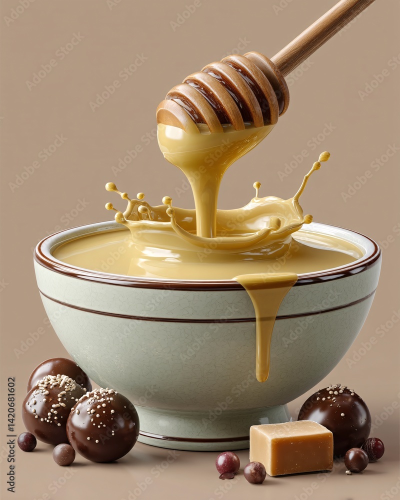 Creamy honey drizzling from a wooden dipper into a bowl with chocolate and caramel treats
