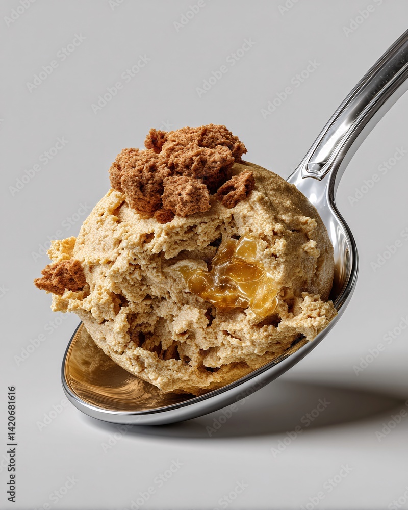 Delicious Creamy Dessert with Sweet Cookies on a Silver Spoon Against a Simple Background